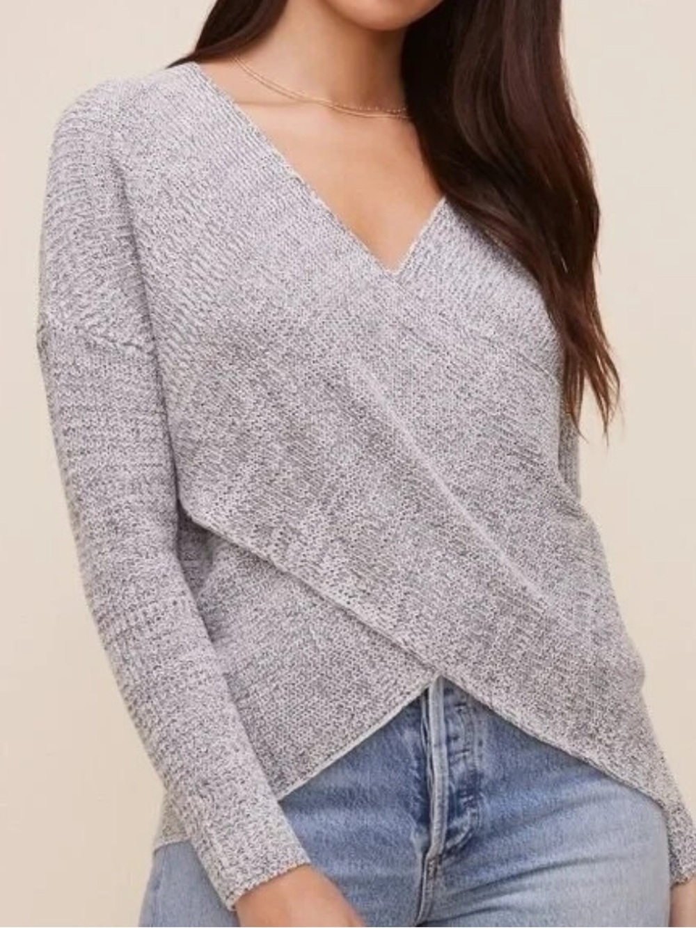 Astr Light Gray V-Neck Wrap Knit Sweater
